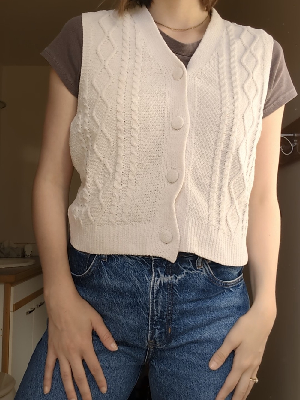 Cream Cable Knit Button-Front Sleeveless Sweater Vest